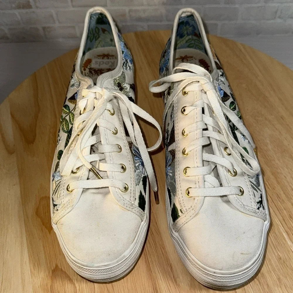 Rifle Paper Keds Triple Kick Blue Fields Embroidered Floral Casual Sneaker Shoes